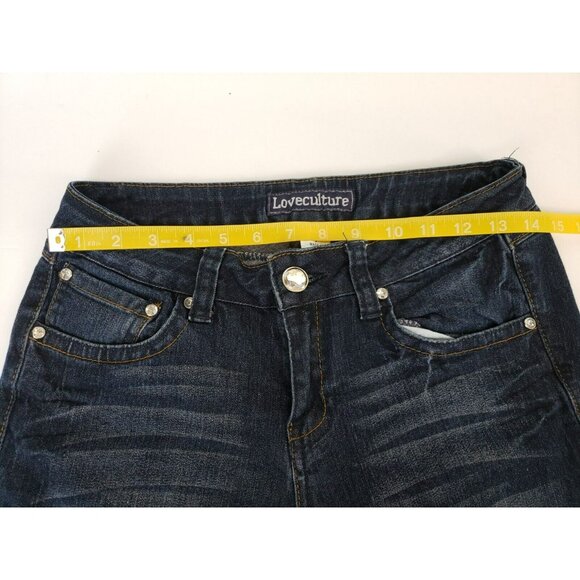 Premium Love Culture Jeans Juniors Size 7 Blue Dark Wash Denim Bling Bell Bottom - Picture 8 of 9